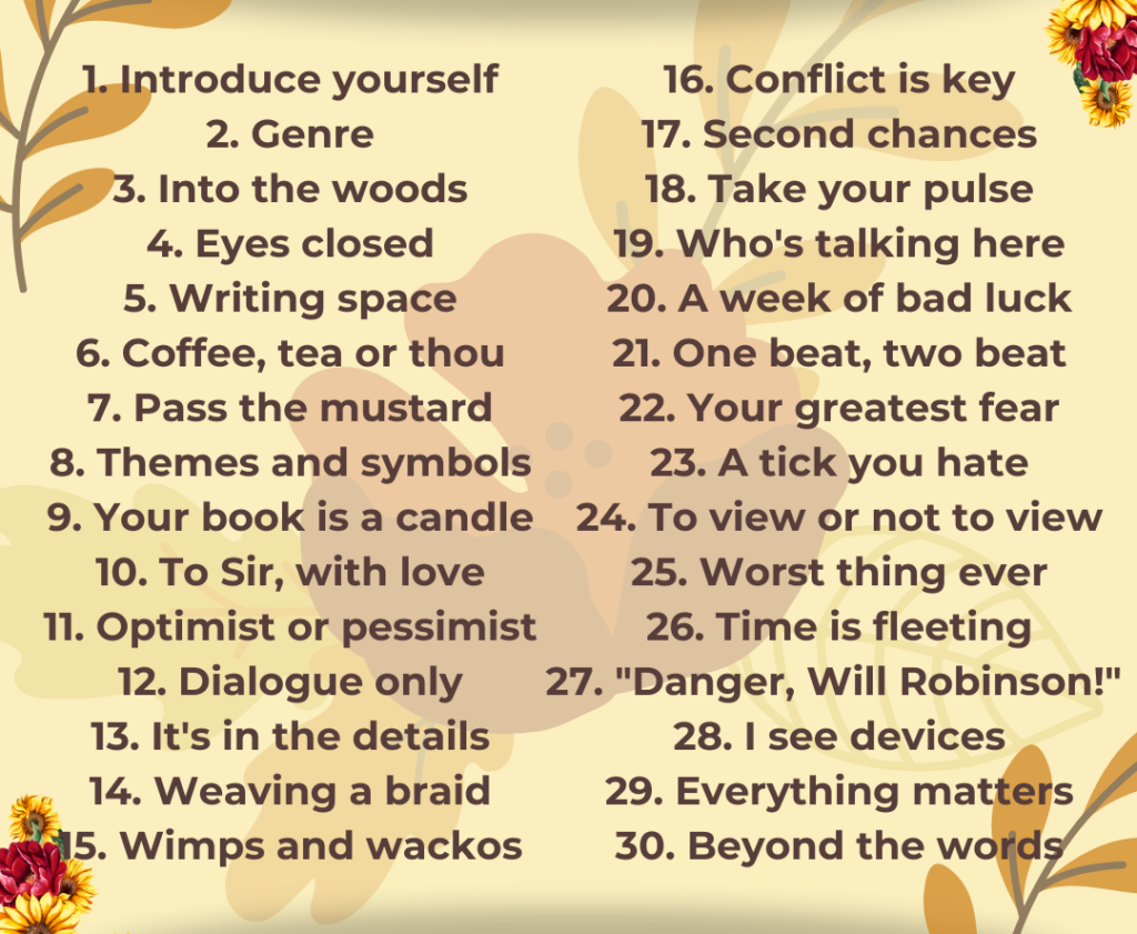 Thirty-word writing prompt list for a self-guided writing practice