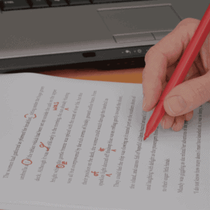 Copyediting marks on a manuscript page showing sentence-level revisions and word choice corrections