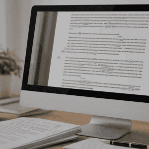 Computer screen showing a formatted book page with proofreading marks and editorial corrections