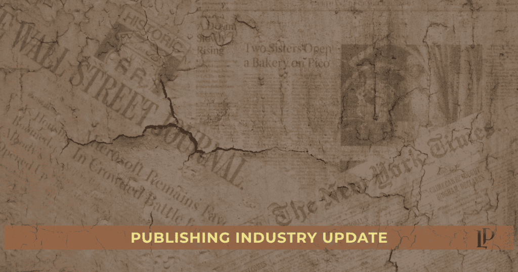 Lioness Press publishing industry update graphic with book and editorial elements in yellow, rust, and brown.
