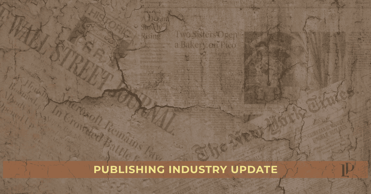 Lioness Press publishing industry update graphic with book and editorial elements in yellow, rust, and brown.