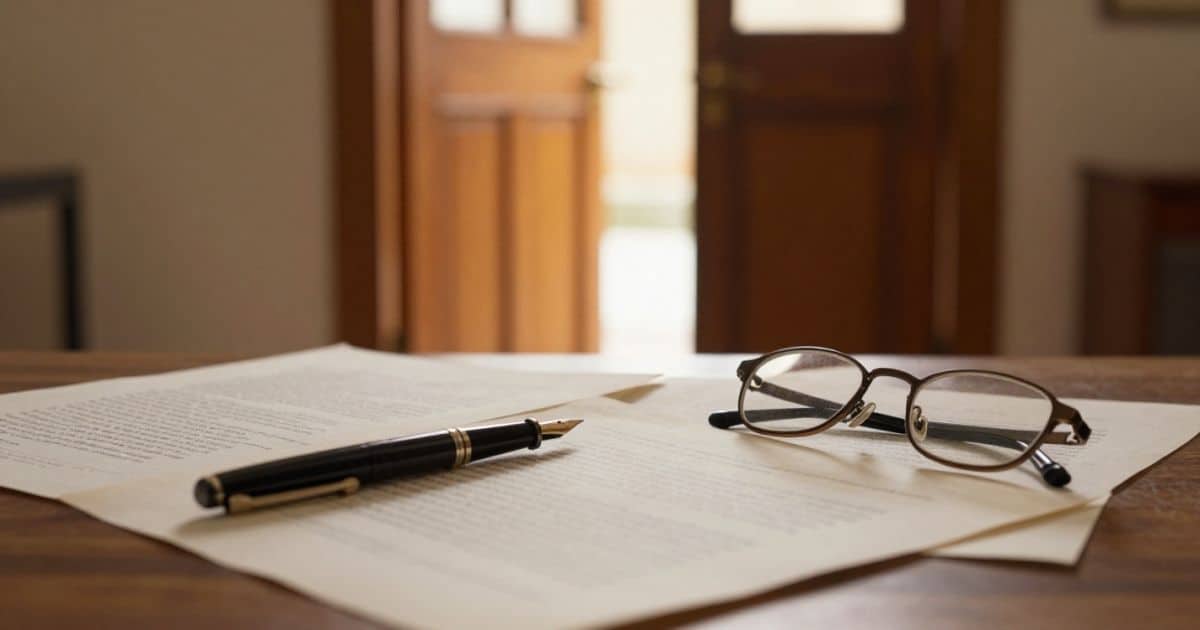 Old wooden door standing slightly ajar with warm light beyond, beside marked-up manuscript pages, a pen, and reading glasses on a desk.