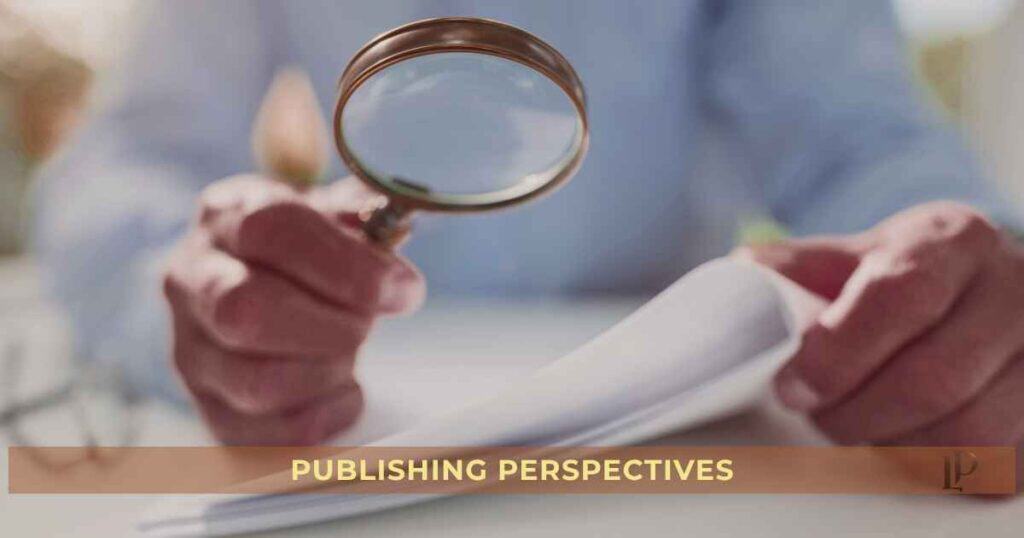 Hand holding a magnifying glass over manuscript pages, illustrating how authors can spot self-publishing scams